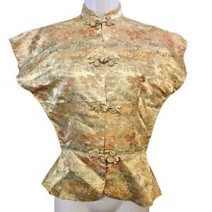Mandarin Fashion Gold Short Sleeve Asian Top Size 12 Button Front Floral